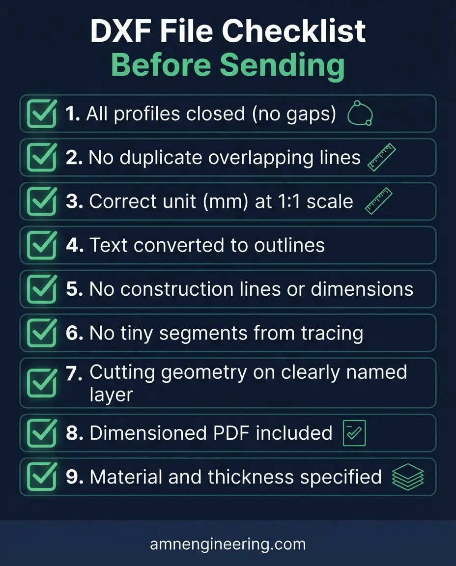 DXF file preparation checklist showing 9 items to verify before sending a file for laser cutting